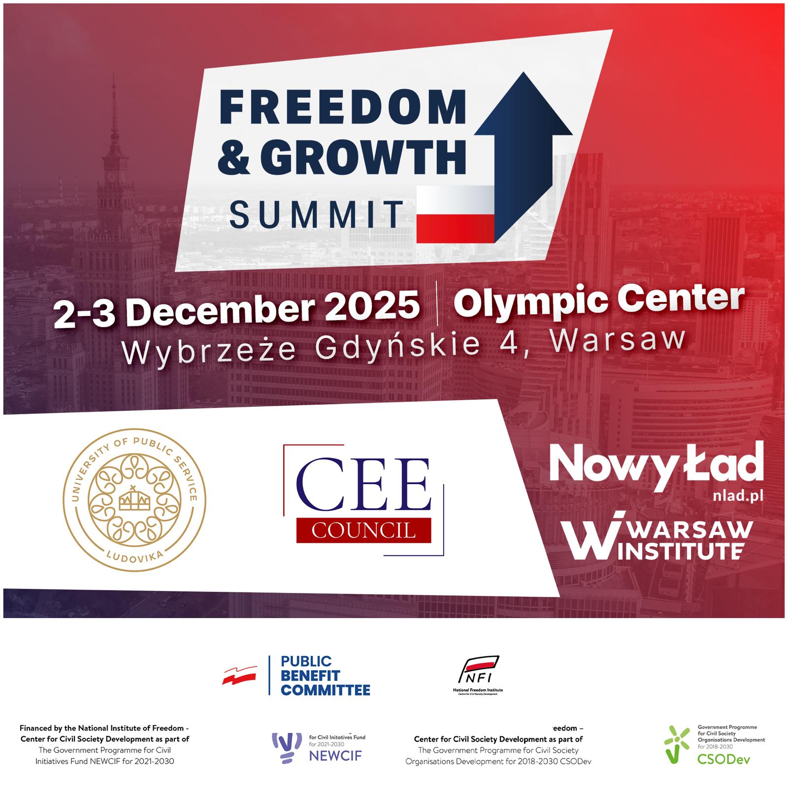 Freedom & Growth Summit 2025 logo and partners. Promoting prosperity, security, and technology in Central & Eastern Europe.