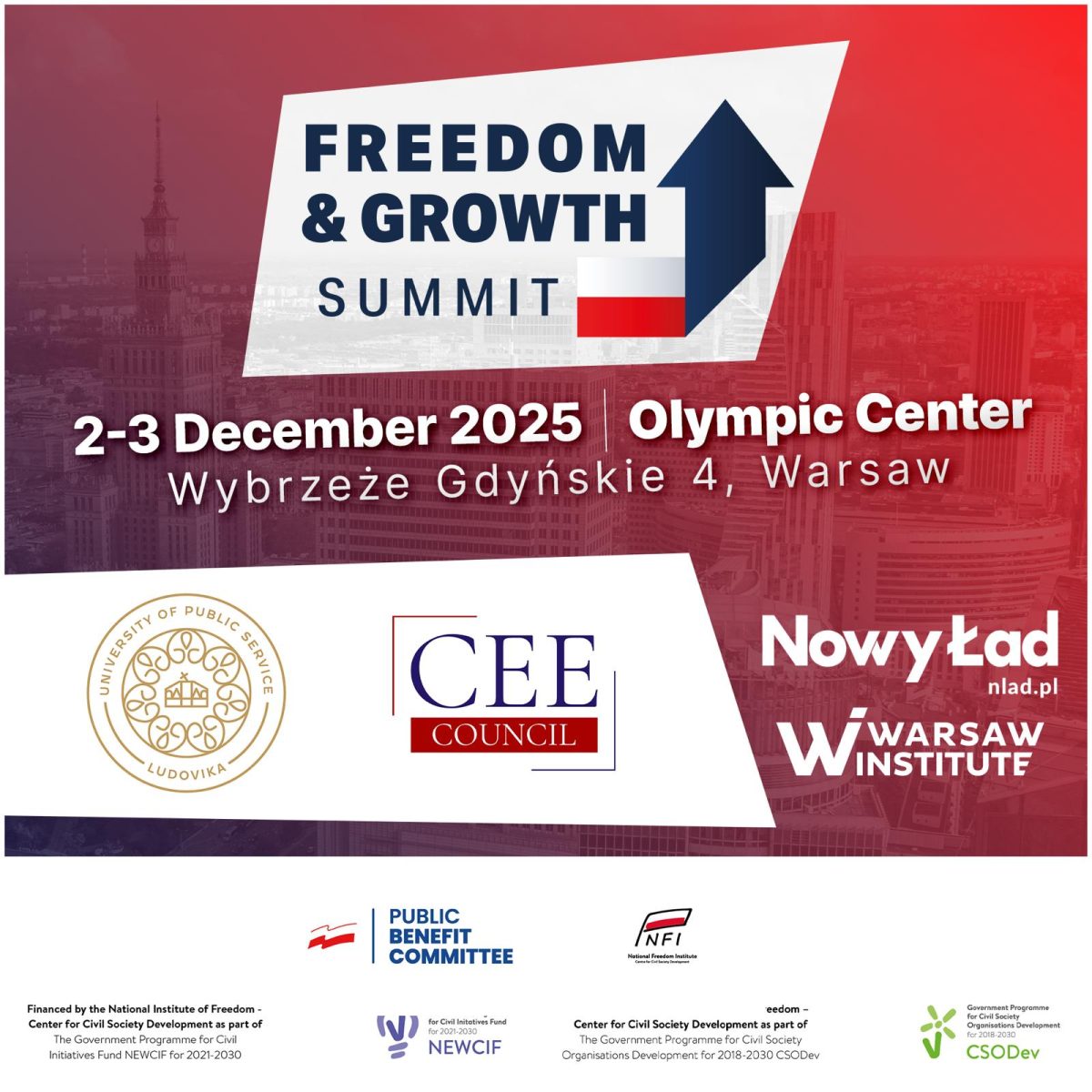 Freedom & Growth Summit 2025 Official Event Graphic Freedom & Growth Summit 2025 logo and partners. Promoting prosperity, security, and technology in Central & Eastern Europe.